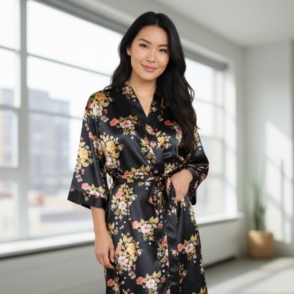 The Paragon Black Floral Satin Robe with Belt – Size L